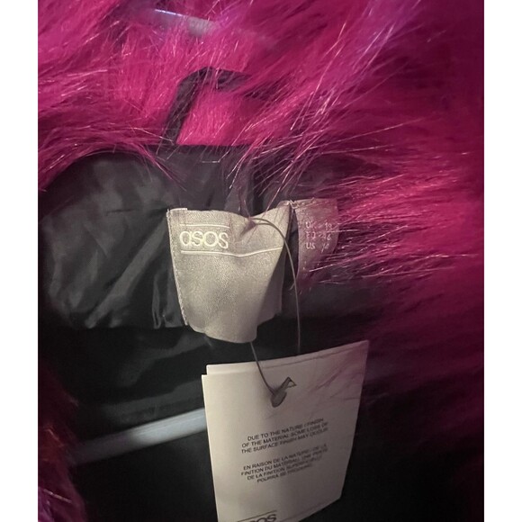 ASOS Faux Fur Coat Womens 14 Multicolor Maroon Pink Navy Long Plush Statement - Picture 6 of 10